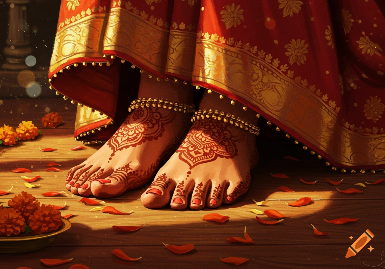 Close-up digital painting of a person's feet adorned with intricate henna and gold anklets, wearing a red and gold sari, on a wooden floor with scattered petals.