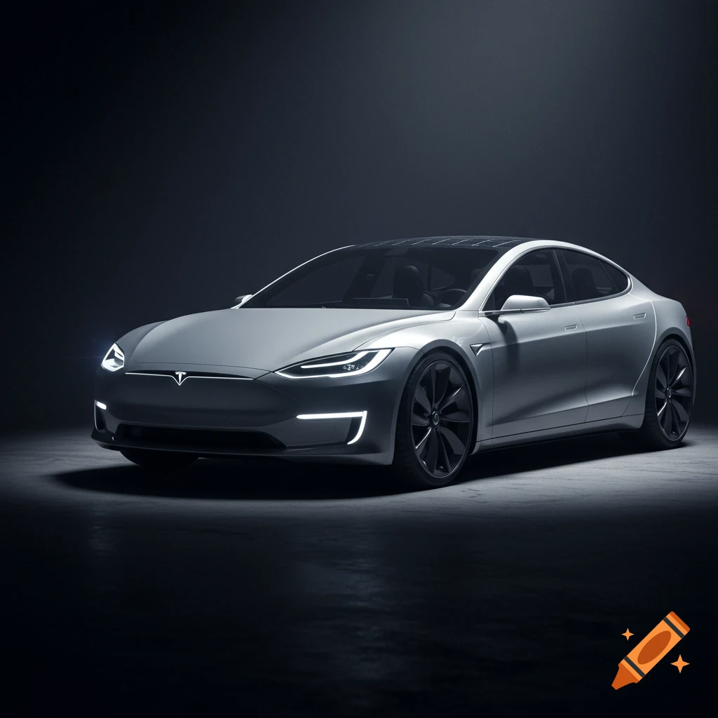 A sleek, silver Tesla Model 12 concept car with a glowing front grille and headlights, parked in a dark, moody studio.