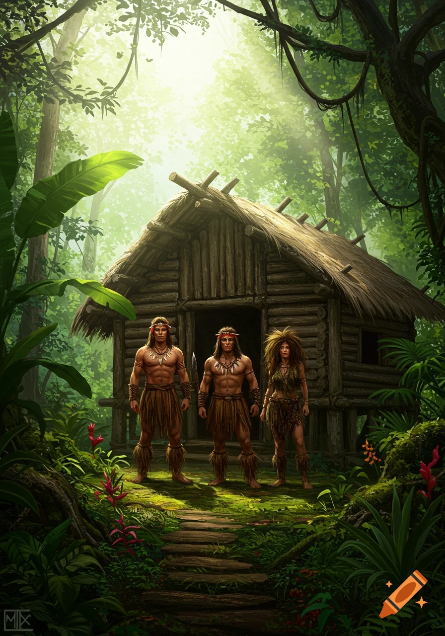Two men and a woman in tribal attire stand before a thatched wooden hut in a lush, sunlit jungle clearing.