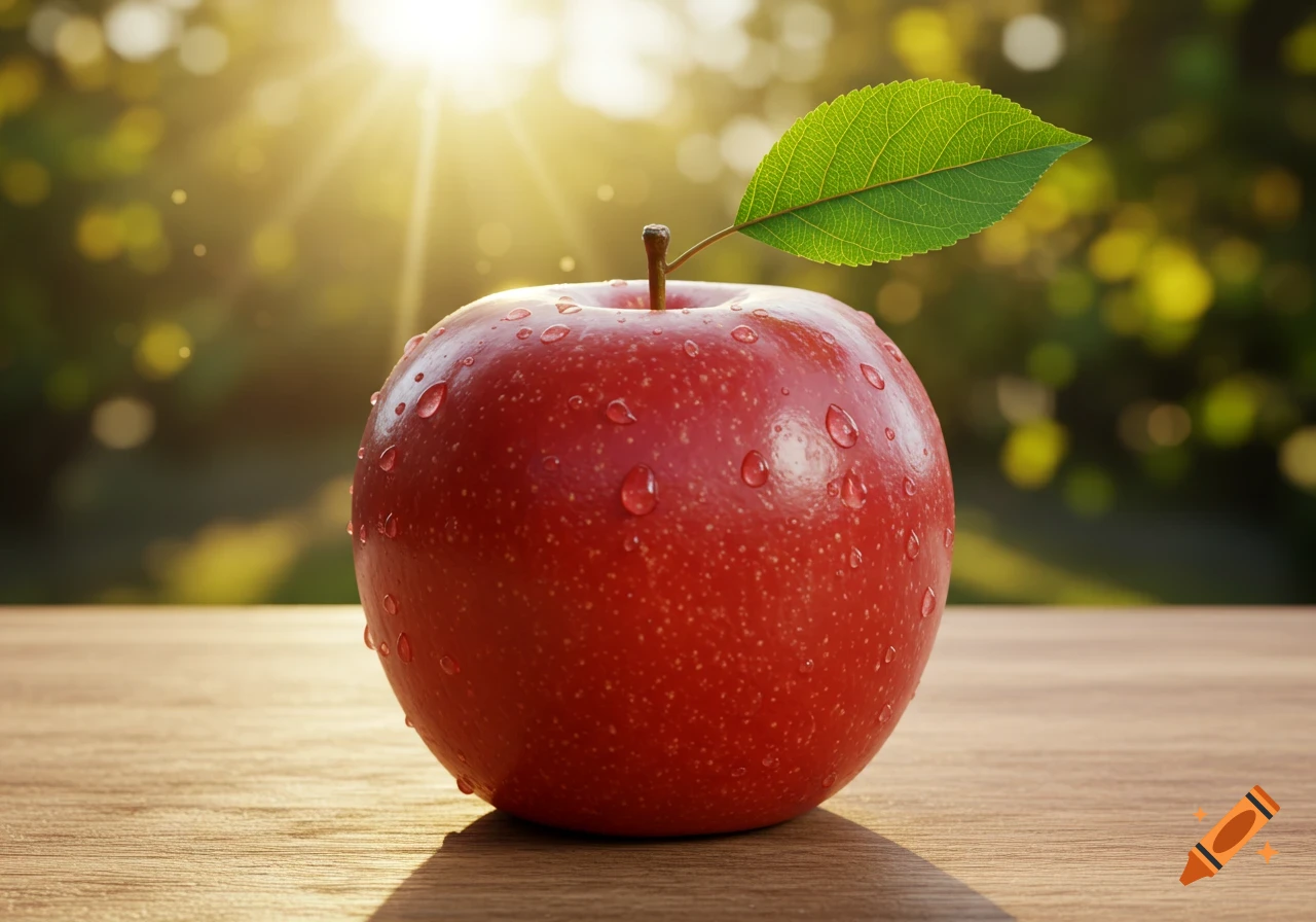 A vibrant red apple with water droplets on a wooden surface, bathed in warm sunlight with a blurred green background.