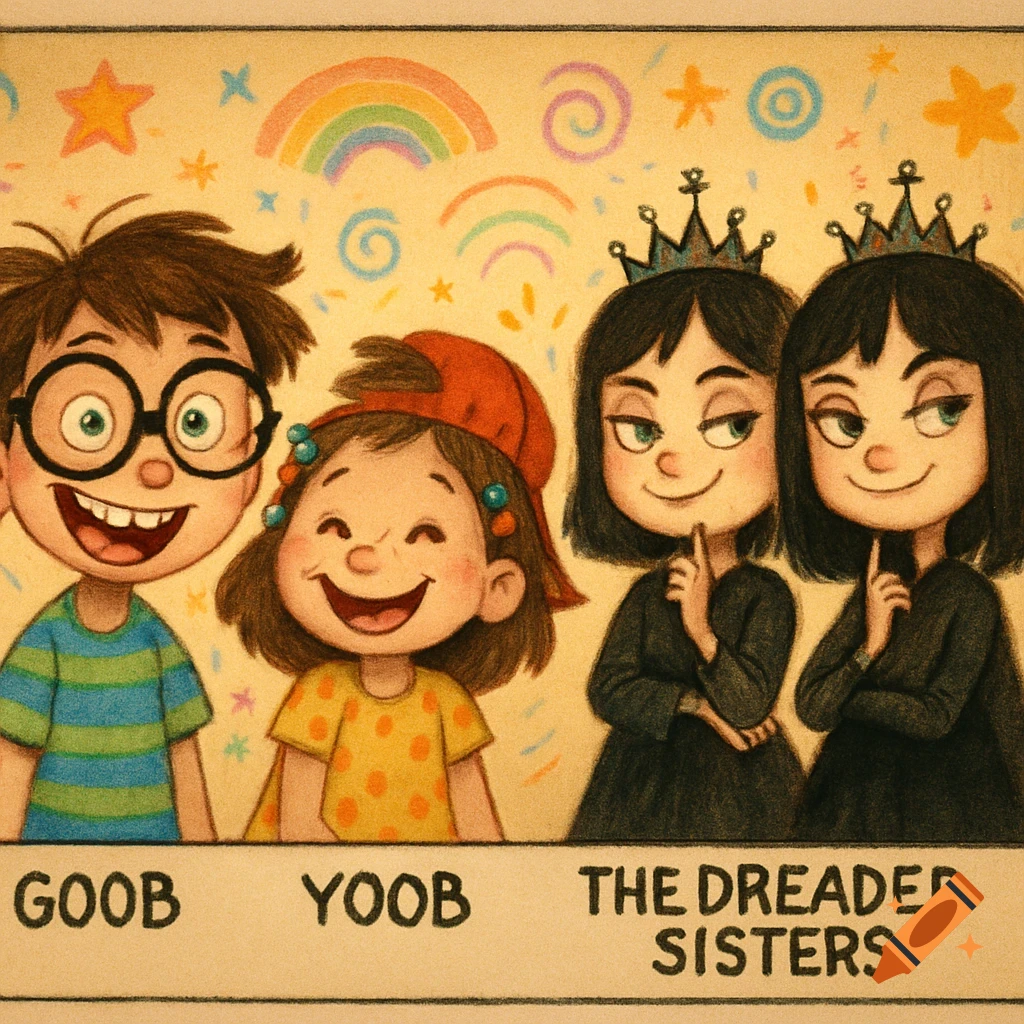 Cartoon illustration of a yearbook entry featuring two smiling children, Goob and Yoob, next to two smirking girls wearing crowns, the Dreaded Sisters, on a pastel background with rainbows and stars.