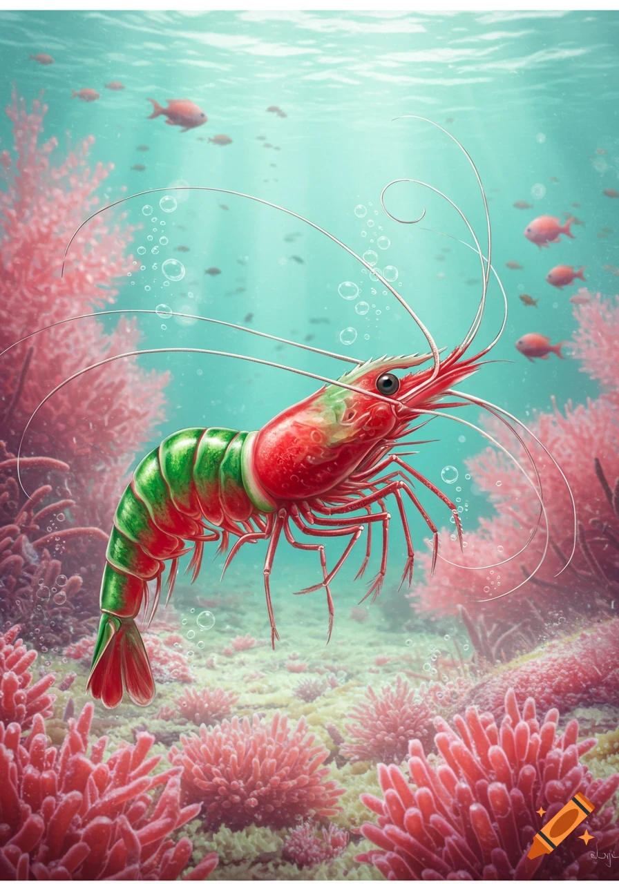 A vibrant red and green shrimp swims underwater amidst pink coral reefs and small fish.