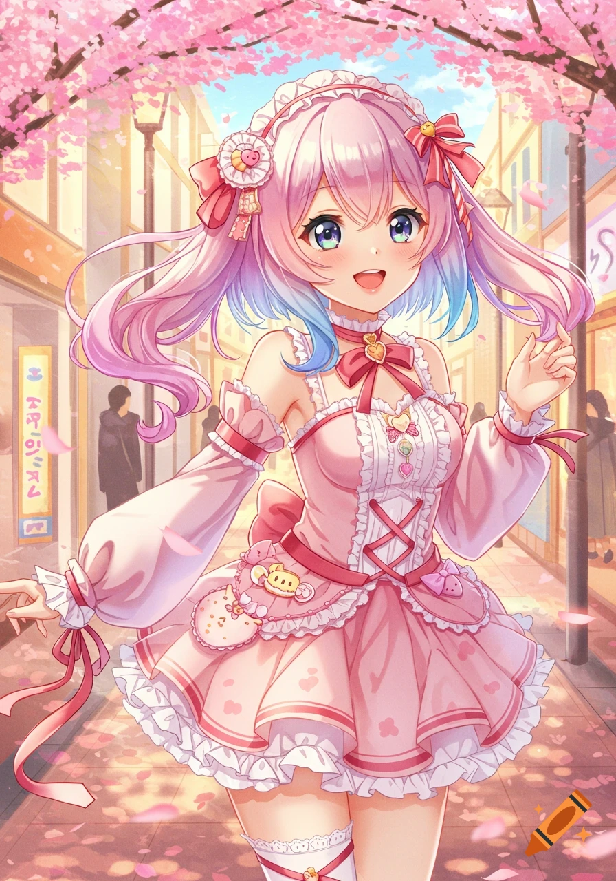 A happy moe anime girl with pink and blue hair in a pink maid dress smiles under falling cherry blossoms on a sunny street.