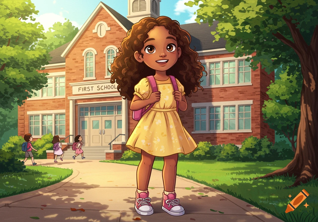 An animated illustration of a smiling mixed-race girl with curly hair wearing a yellow dress and pink backpack, standing in front of a brick school building.
