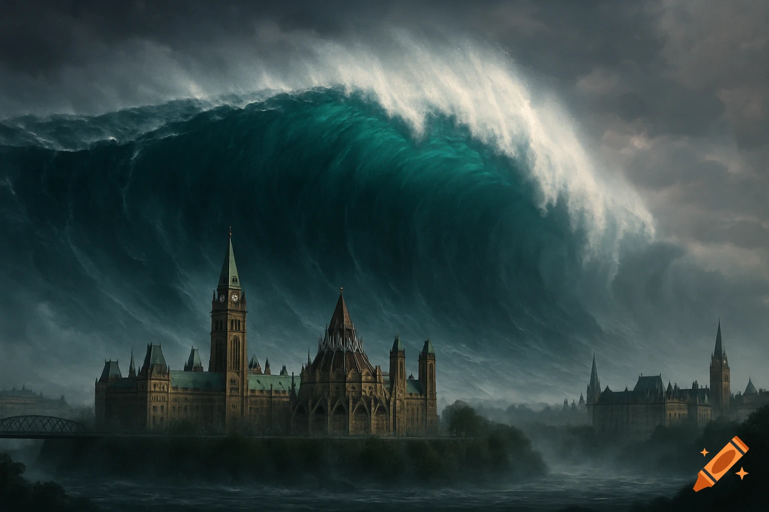 A massive teal tsunami wave looms over a gothic-style parliament building and city at dusk.