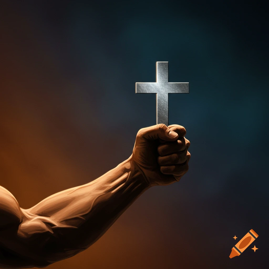 A muscular arm holds up a metallic cross against a dark, contrasting background.