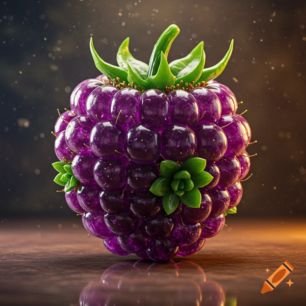 A vibrant purple crystal-like raspberry with green succulent leaves, glowing in a detailed 3D render.