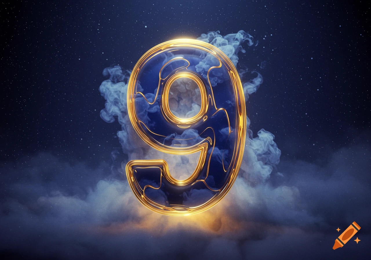 A glowing, golden-edged blue number 9 surrounded by swirling smoke, set against a dark, starry night sky.