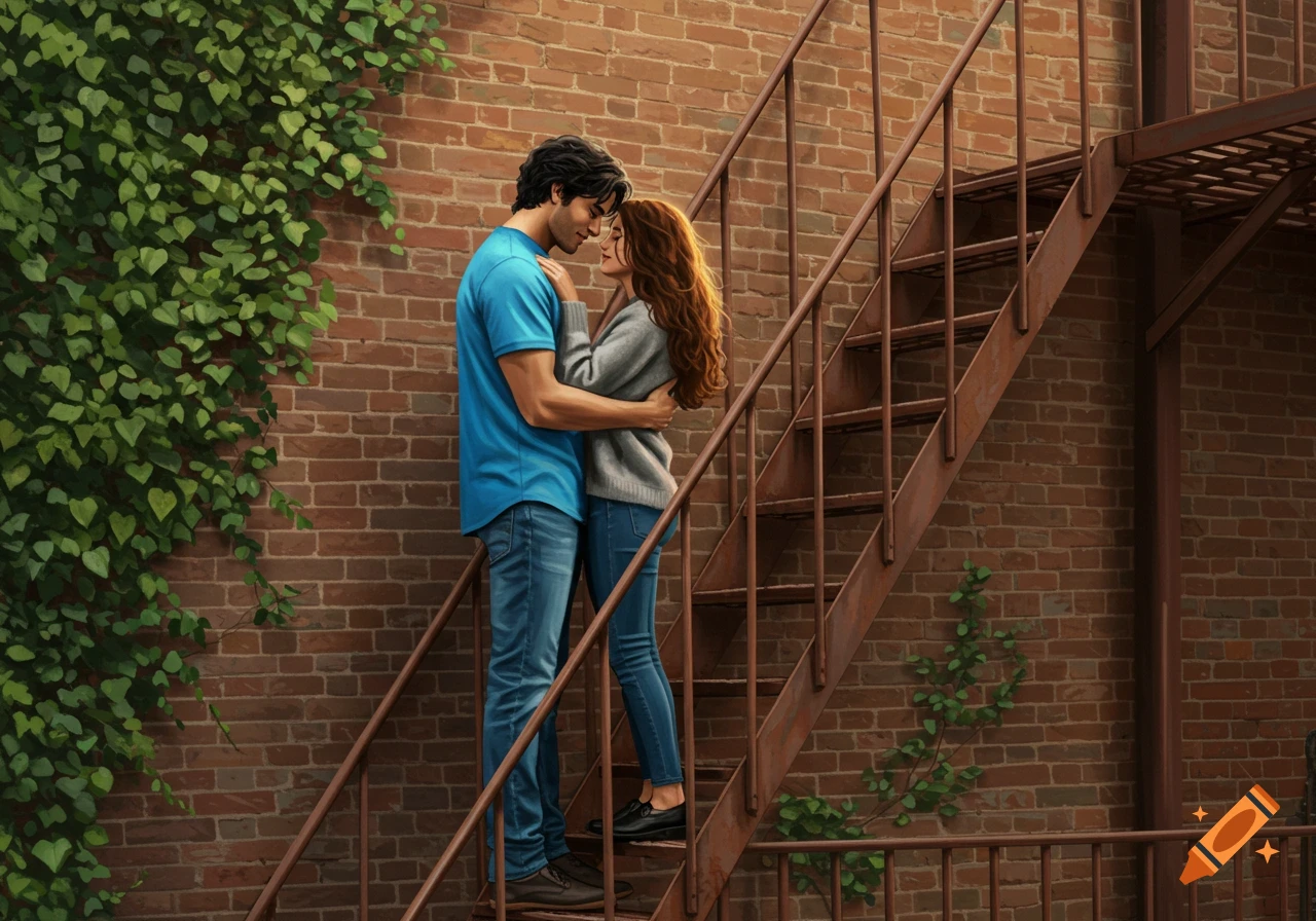A drawing of a man in a blue shirt and a woman in a grey sweater hugging on a fire escape.