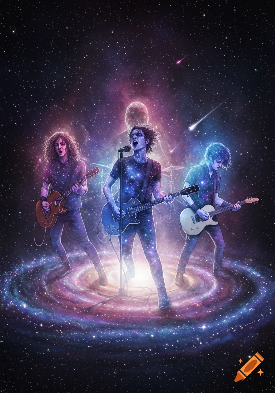 A stylized band of three musicians with cosmic bodies performing on a galaxy swirl in space.