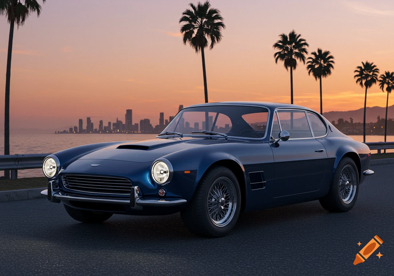 A dark blue retro coupe parked on a road with a city skyline, ocean, and palm trees at sunset.