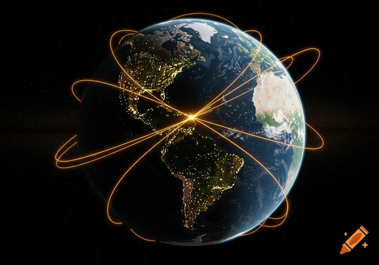 Photorealistic view of Earth from space at night, with city lights and glowing orange lines connecting continents.