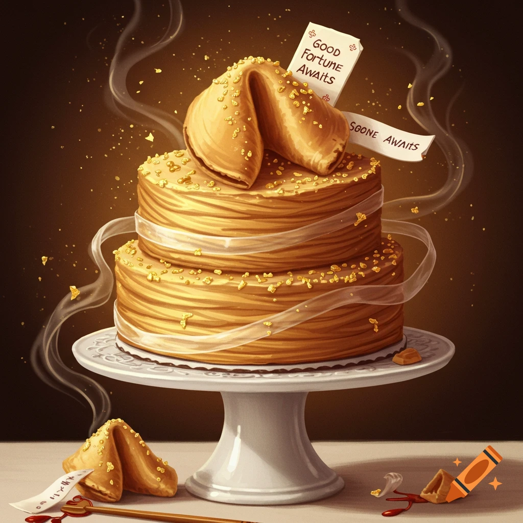 A two-tiered cake resembling stacked fortune cookies, adorned with gold sprinkles and ribbon. A fortune cookie on top holds a 'Good Fortune Awaits' slip. Smoke rises from the cake.