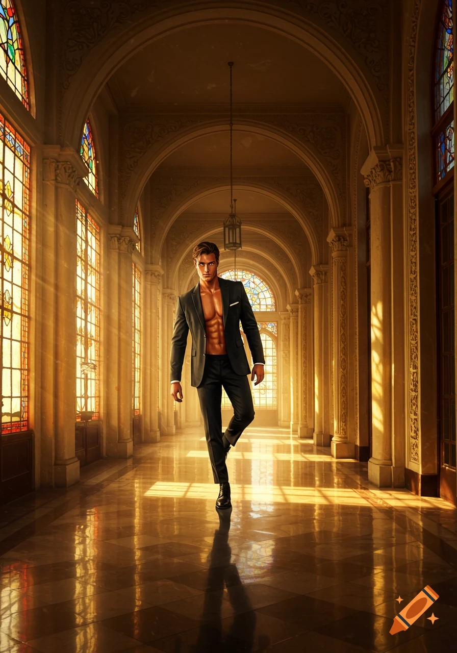 A handsome man in an unbuttoned suit jacket and pants walks confidently down a grand hallway with stained glass windows and golden light.