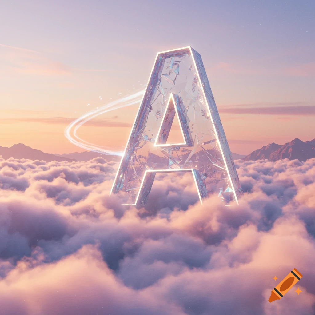 A shimmering, crystal-like letter 'A' with glowing edges floats above soft pink and purple clouds at sunset.