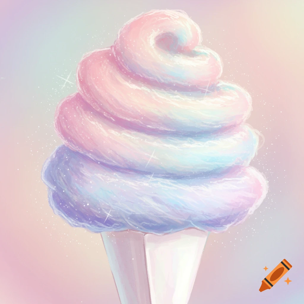 A whimsical illustration of a fluffy, pastel pink, blue, and purple cotton candy swirl in a white cone, sprinkled with glitter.