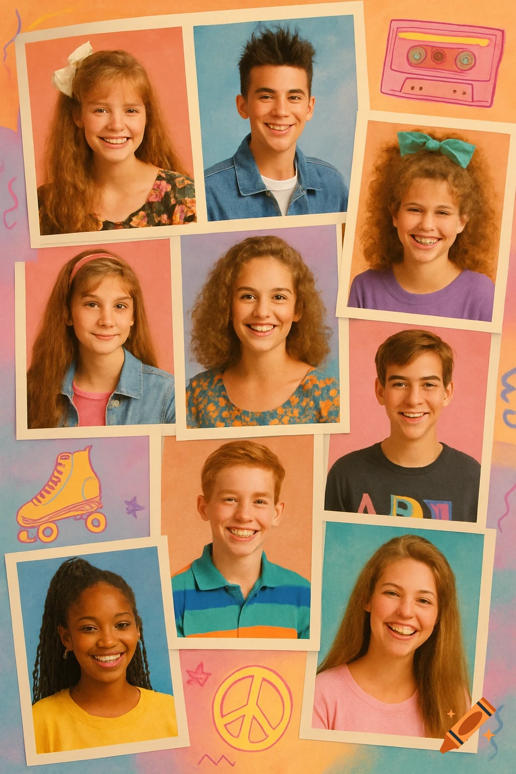 Collage of smiling 90s school portraits of diverse children and teens, with illustrations of a cassette tape, roller skate, and peace sign.