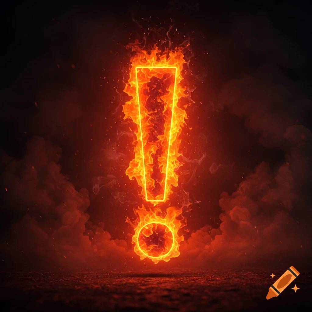 A glowing, fiery exclamation mark stands in a smoky, dark environment.