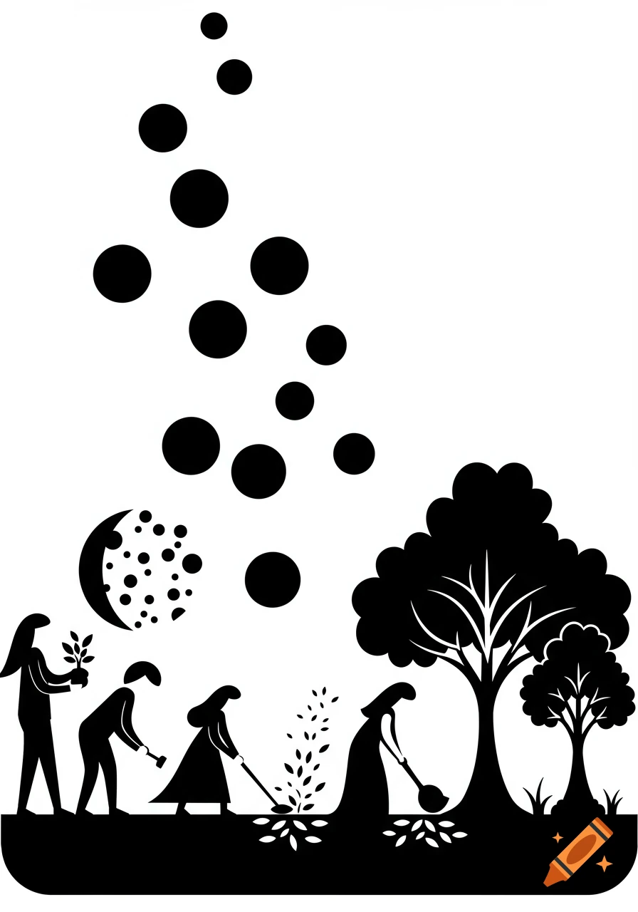 A black and white vector illustration shows people planting trees, with a forest growing and abstract spheres above.