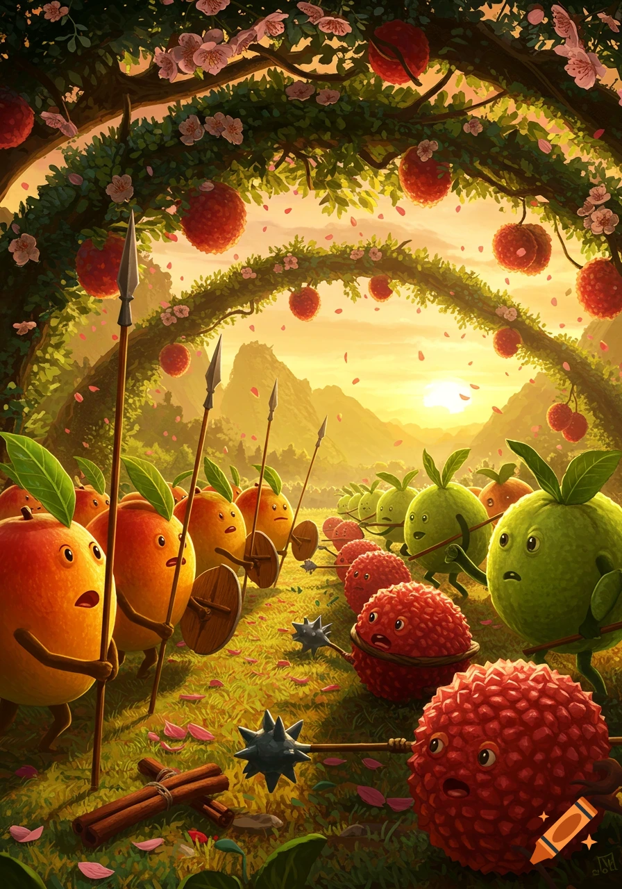 Vibrant stylized illustration of mango and peach armies battling guava and lychee armies under a flowering tree archway at sunset.