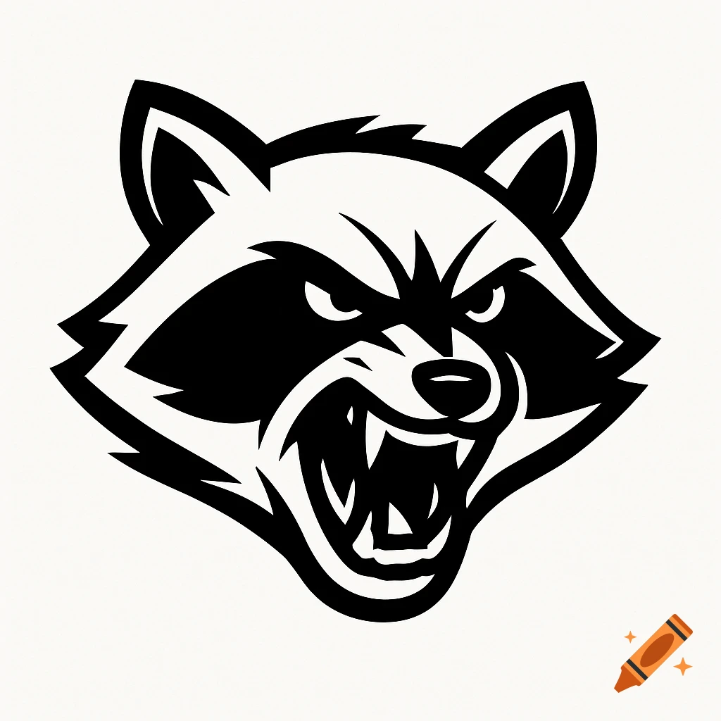 Stylized black and white illustration of an angry raccoon head, resembling a sports team logo, on a white background.