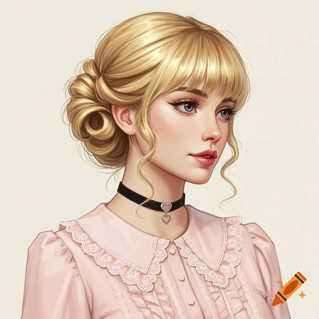 A digital illustration of a young woman with blonde hair in an updo, wearing a pink ruffled blouse and a black choker.