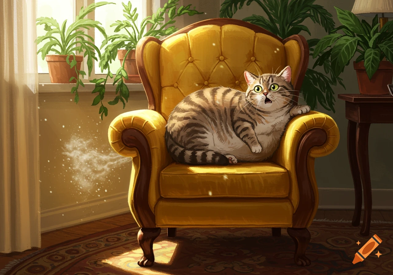 A startled plump tabby cat sits on a yellow armchair with a white cloud near its leg, in a sunlit room with potted plants.