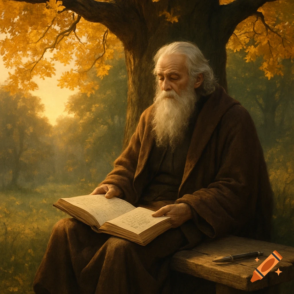 An old man with a long white beard sits under a tree with golden autumn leaves, engrossed in reading a book.