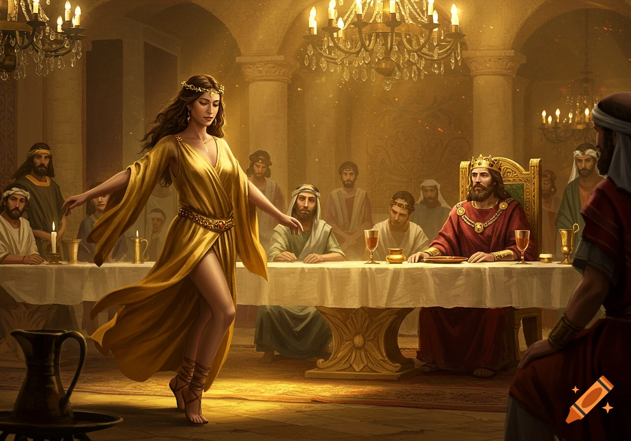 A woman in a gold dress dances before a king and men at a banquet in a grand hall, illuminated by chandeliers.
