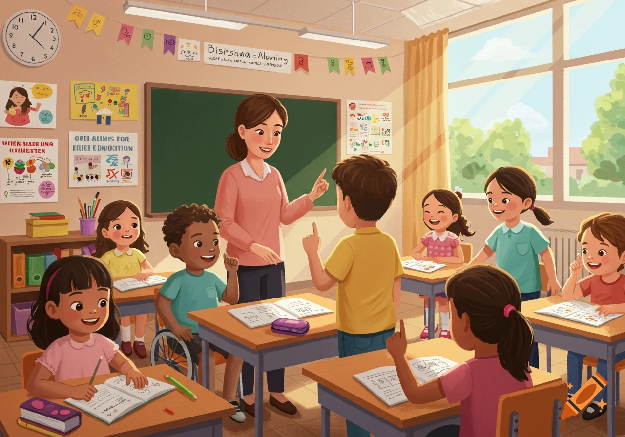 A colorful illustration depicts a female teacher interacting with a diverse group of smiling children in a sunny classroom, one student in a wheelchair.