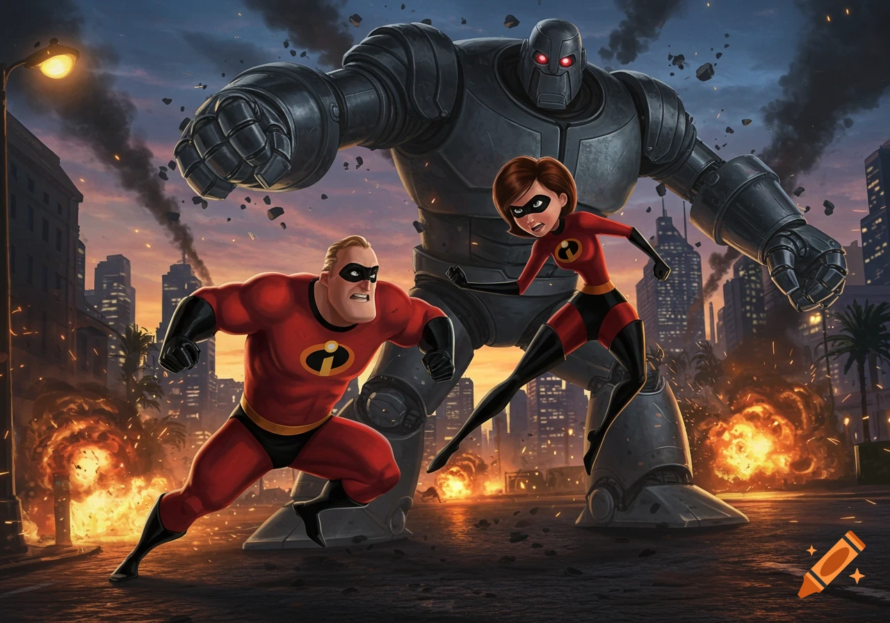 Mr. Incredible and Elastigirl battle a large gray robot in a destructed city at dusk.