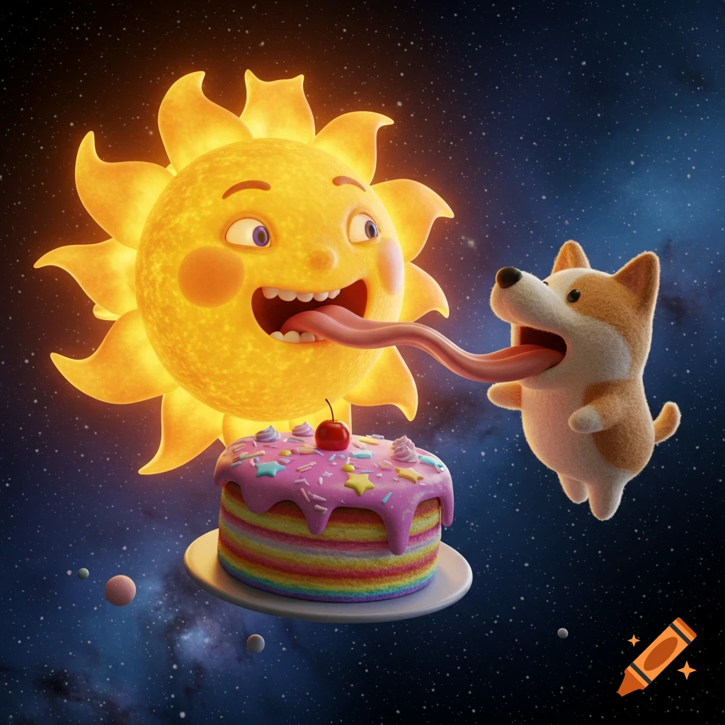 A cartoon sun and a dog with an enormous tongue lick a rainbow cake in space.