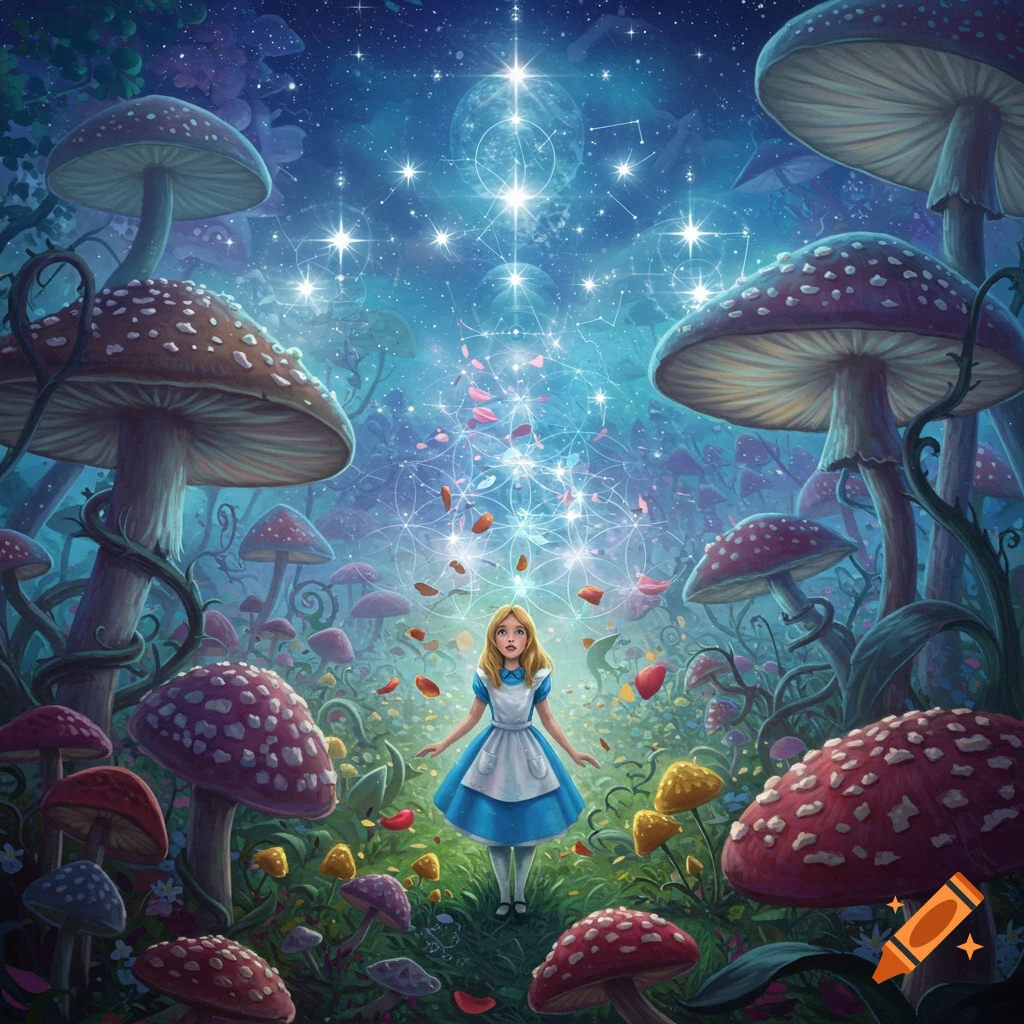 Alice stands in a vibrant, fantastical mushroom forest under a starry sky with glowing sacred geometry patterns.