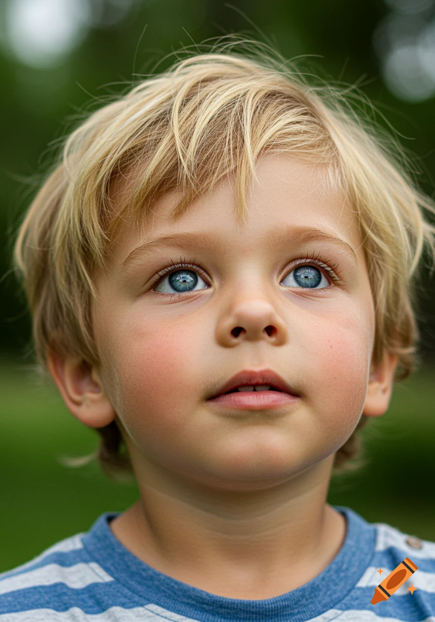 A close-up photorealistic portrait of a young boy with blonde hair and striking blue eyes looking up.
