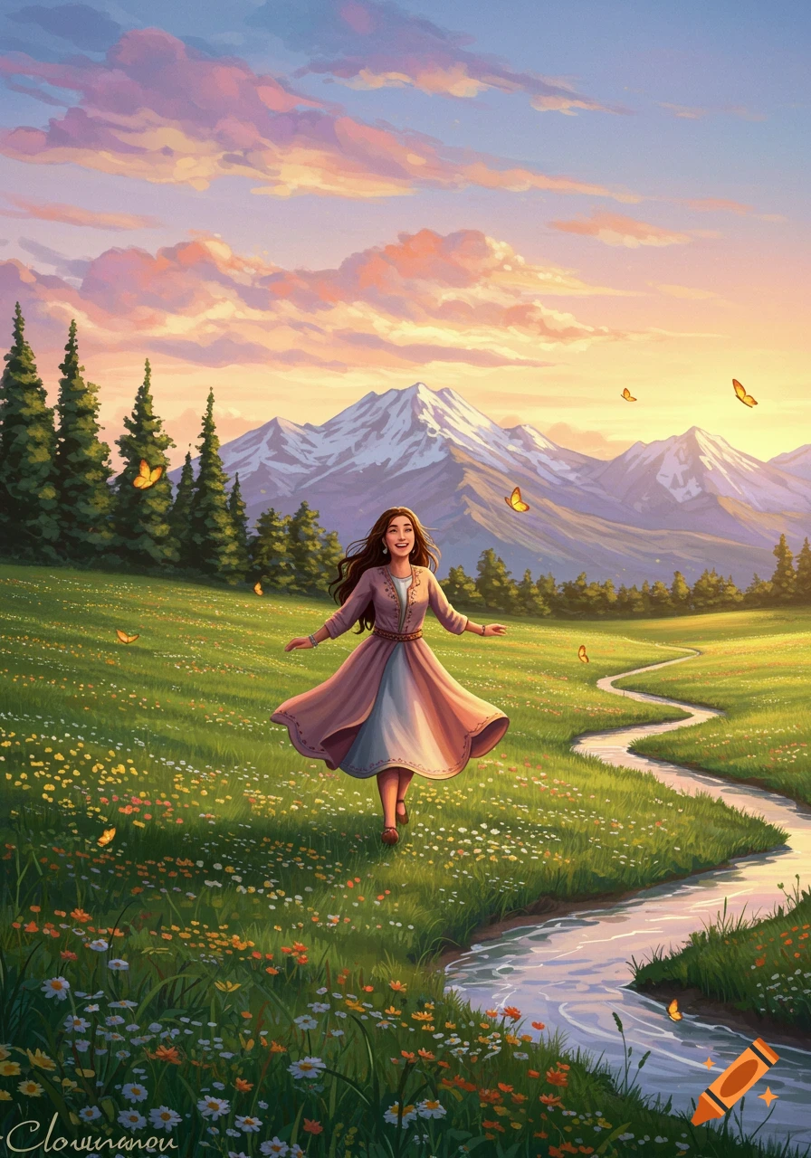 A smiling woman in a flowing pink and white dress runs joyfully through a vibrant green meadow with colorful wildflowers, a winding stream, and snow-capped mountains under a colorful sunset sky. Butterflies flutter around her.