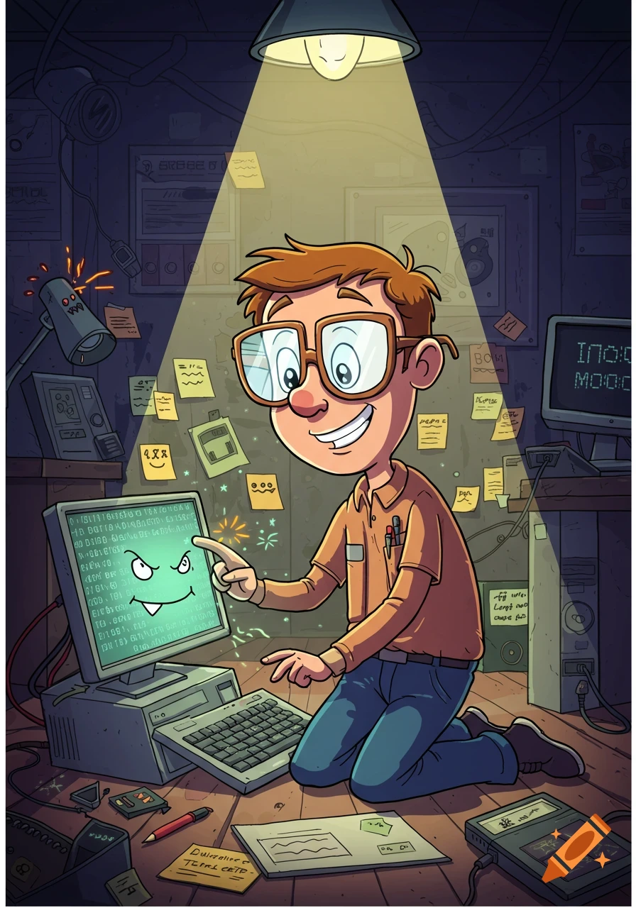 A smiling cartoon IT technician, wearing glasses and an orange shirt, kneels on the floor surrounded by computers and gadgets, pointing at a monitor displaying green code and a monster face.