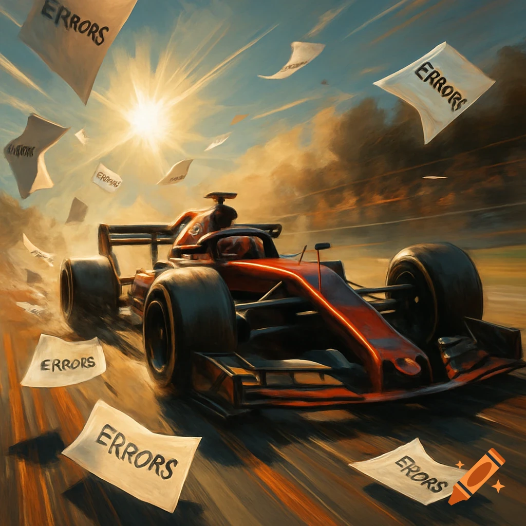 A red formula race car speeds on a track as papers labeled "ERRORS" fly around it under a bright sun, in a painterly style.