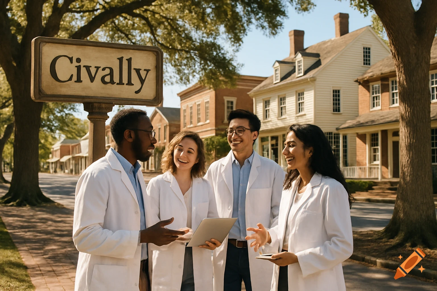 Photorealistic image of four smiling professionals in white lab coats talking on a street in a historic American town under a 'Civally' sign.