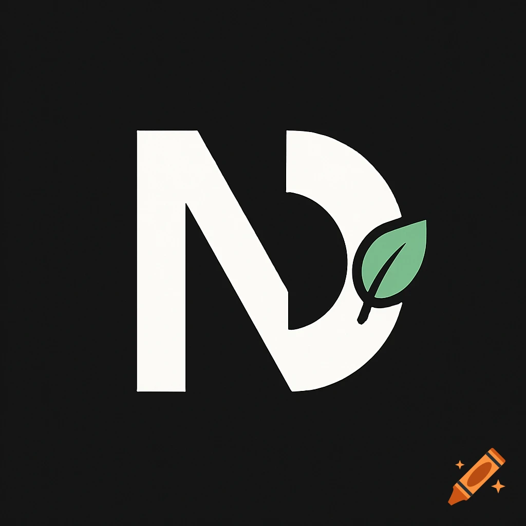 White letter N logo with a green leaf on a black background, featuring a half-circle cut.