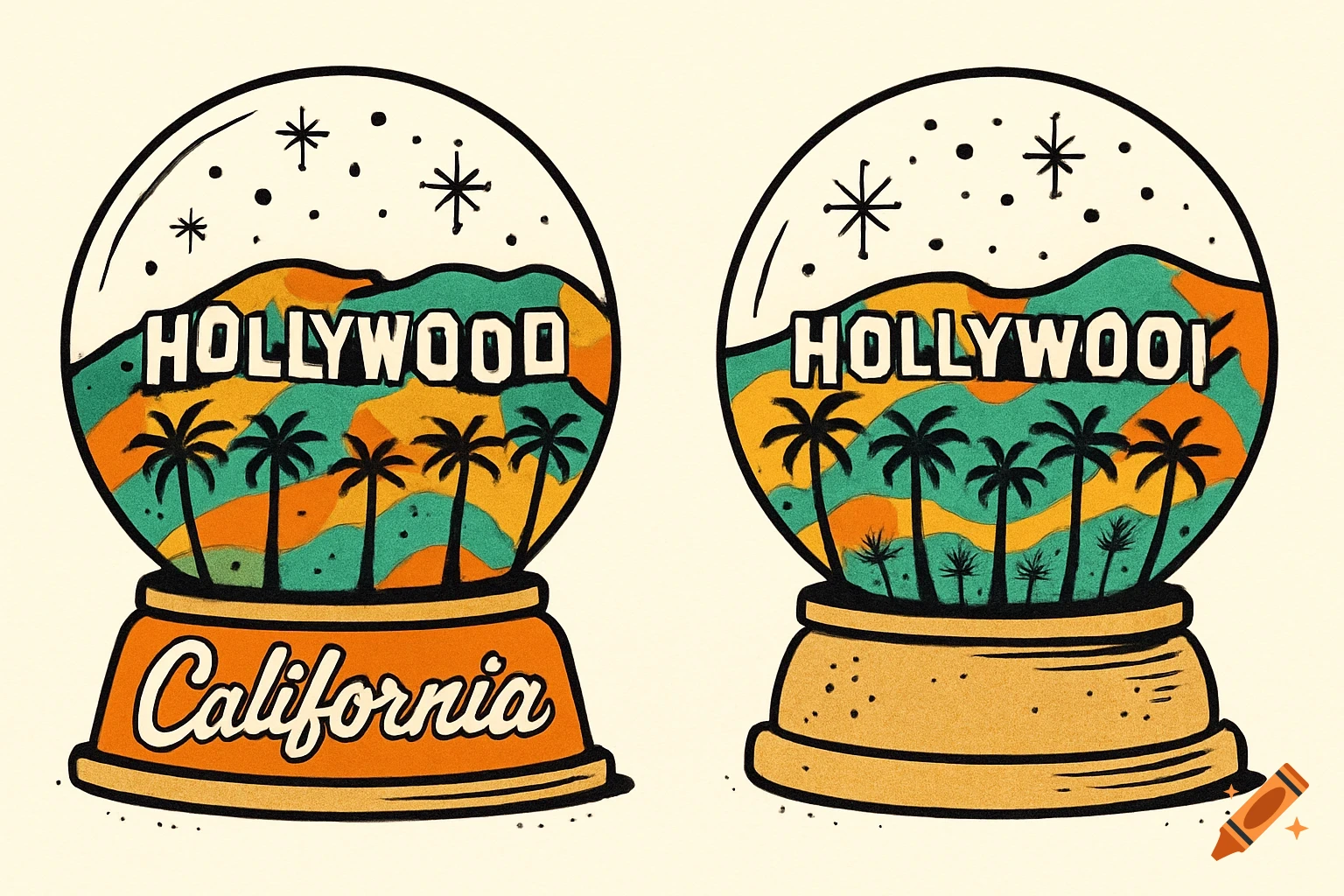 Two illustrated mid-century modern snow globes with Hollywood text, palm trees, and California text on one base.