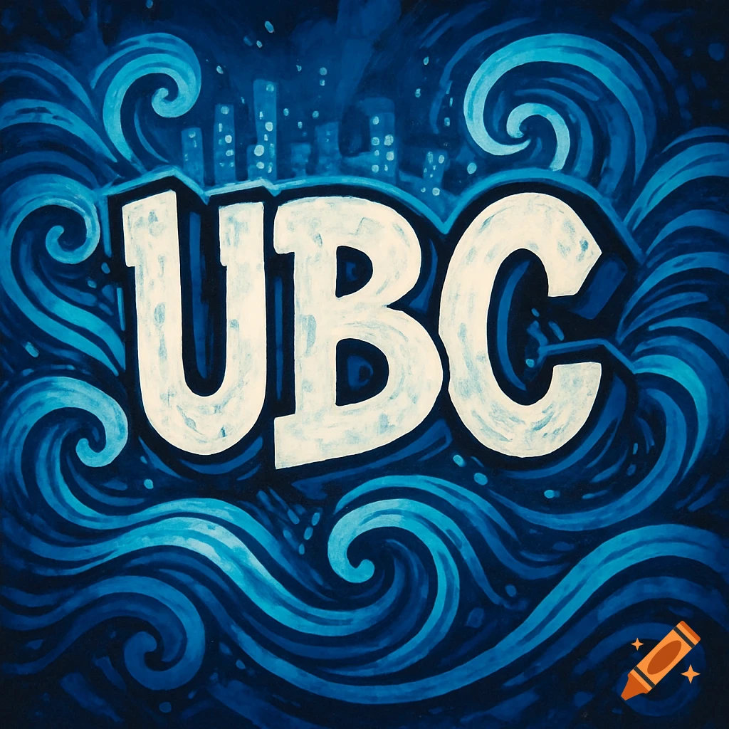 White letters UBC over dark blue swirling waves and a faint city skyline at night.