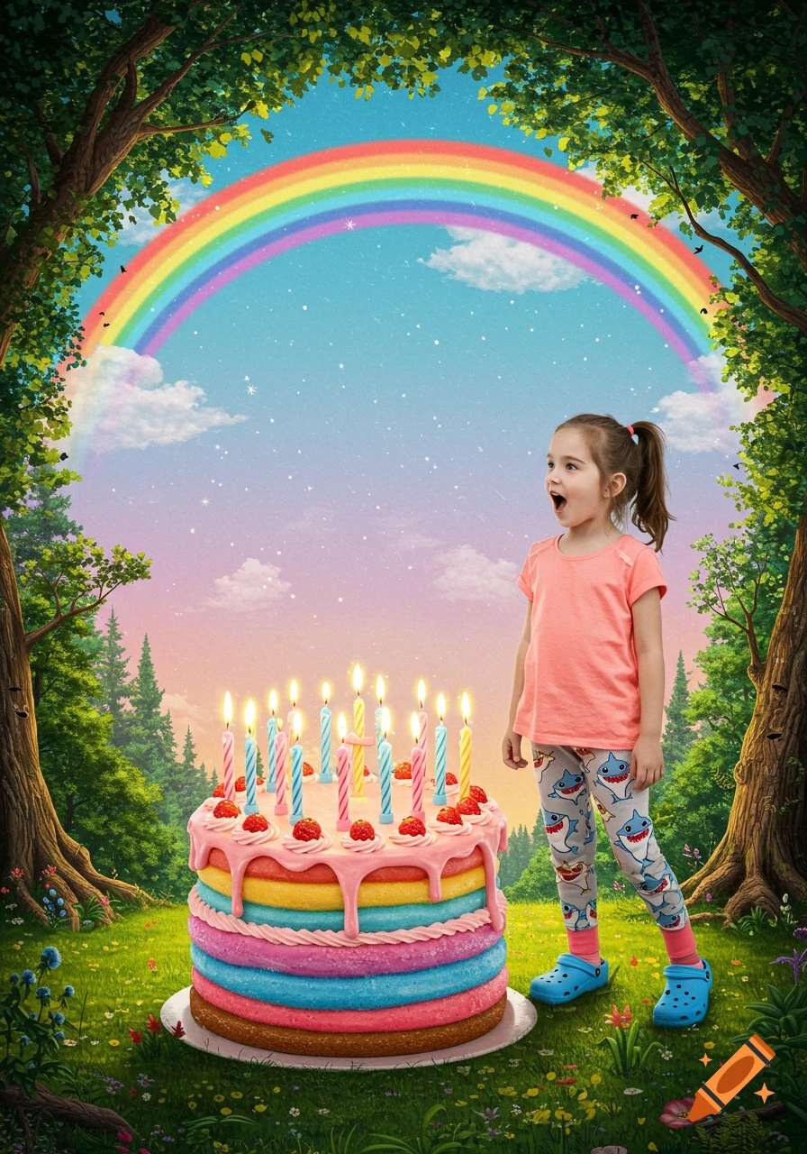 A young girl in a peach shirt, shark pants, and blue Crocs stands in a magical forest next to a colorful tiered birthday cake with many lit candles, looking up at a vibrant rainbow in a sparkling sky.