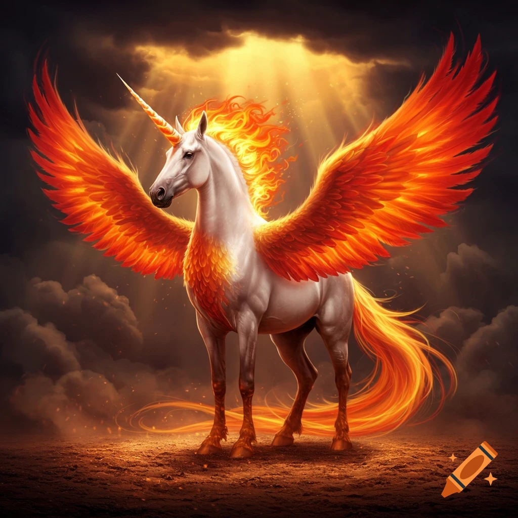 A majestic white unicorn with fiery orange wings, mane, and tail stands on ash under golden light from a dramatic sky.