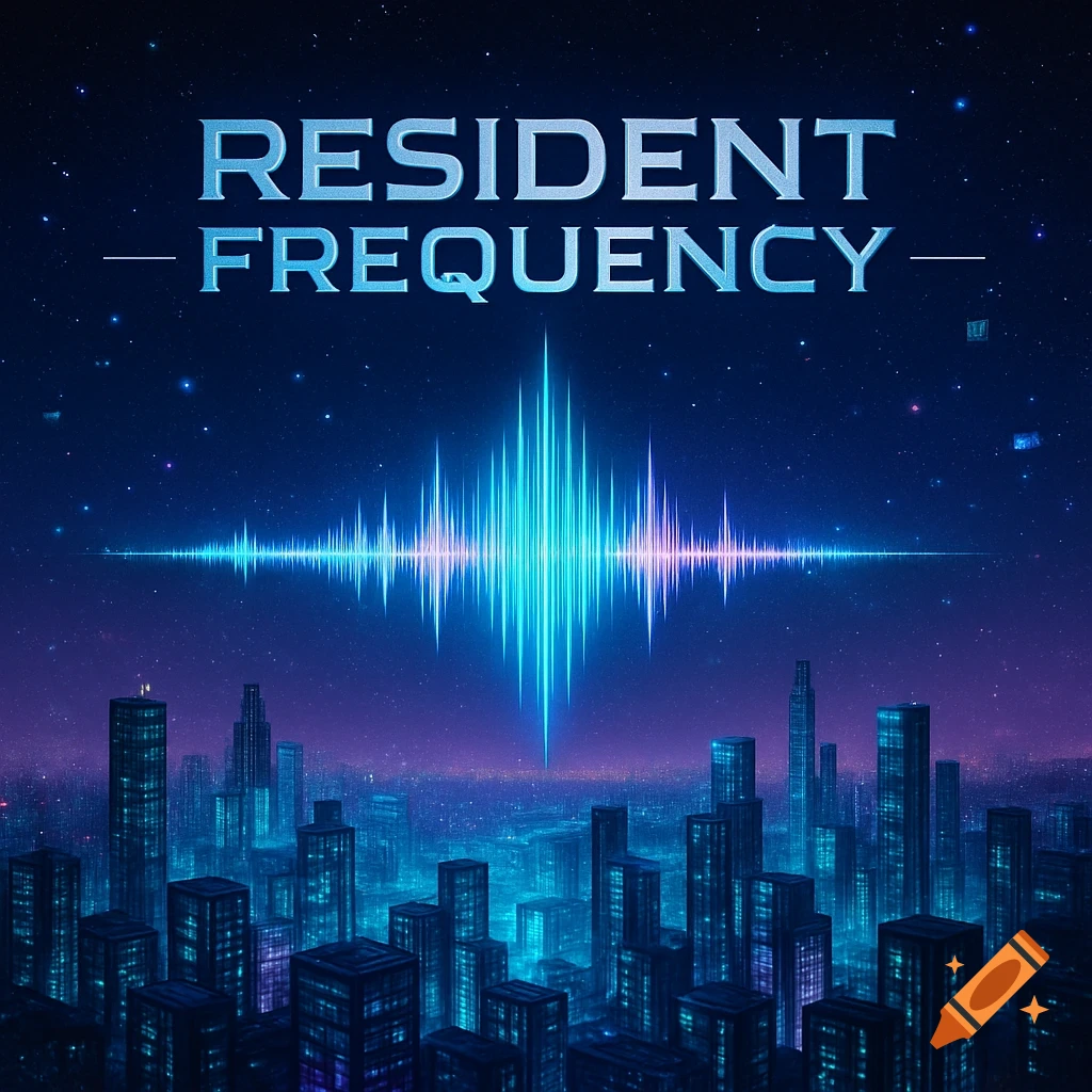 A futuristic cityscape at night under a starry sky, with a glowing blue sound wave above. The text 'RESIDENT FREQUENCY' is displayed prominently.