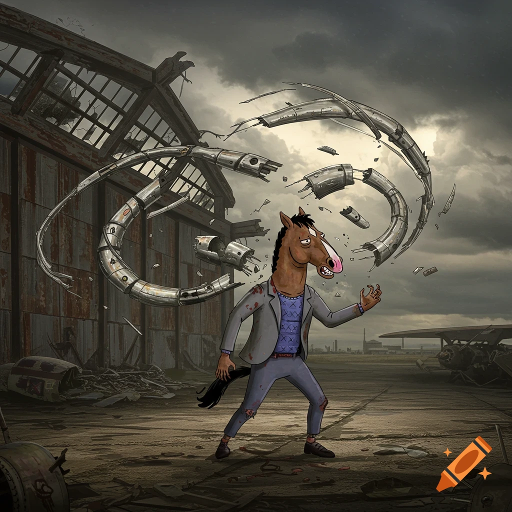 BoJack Horseman stands in a destroyed hangar, appearing to telekinetically manipulate swirling, broken airplane parts under a stormy sky.