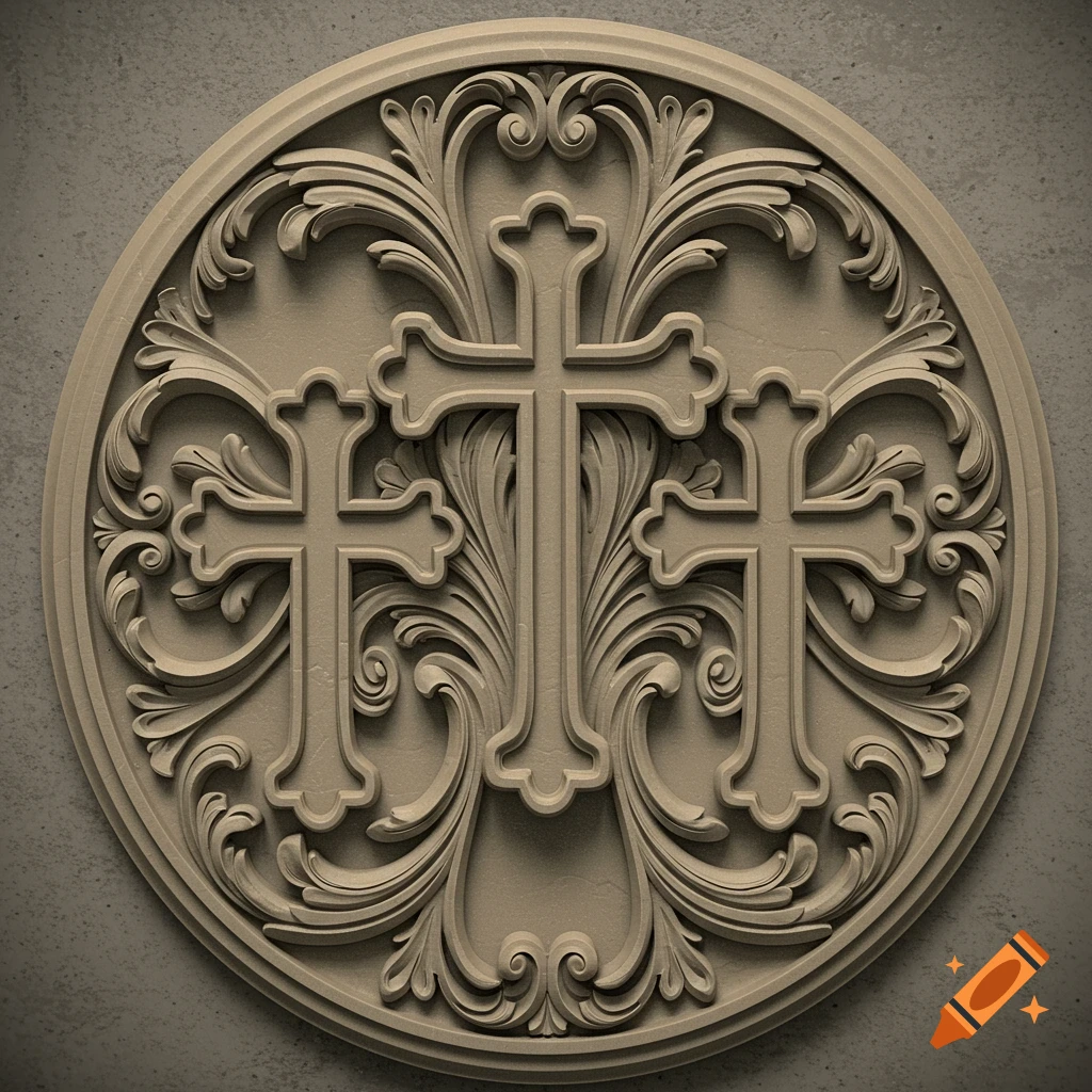 A beige circular relief carving depicts three ornate crosses surrounded by intricate swirling floral patterns on a textured background.