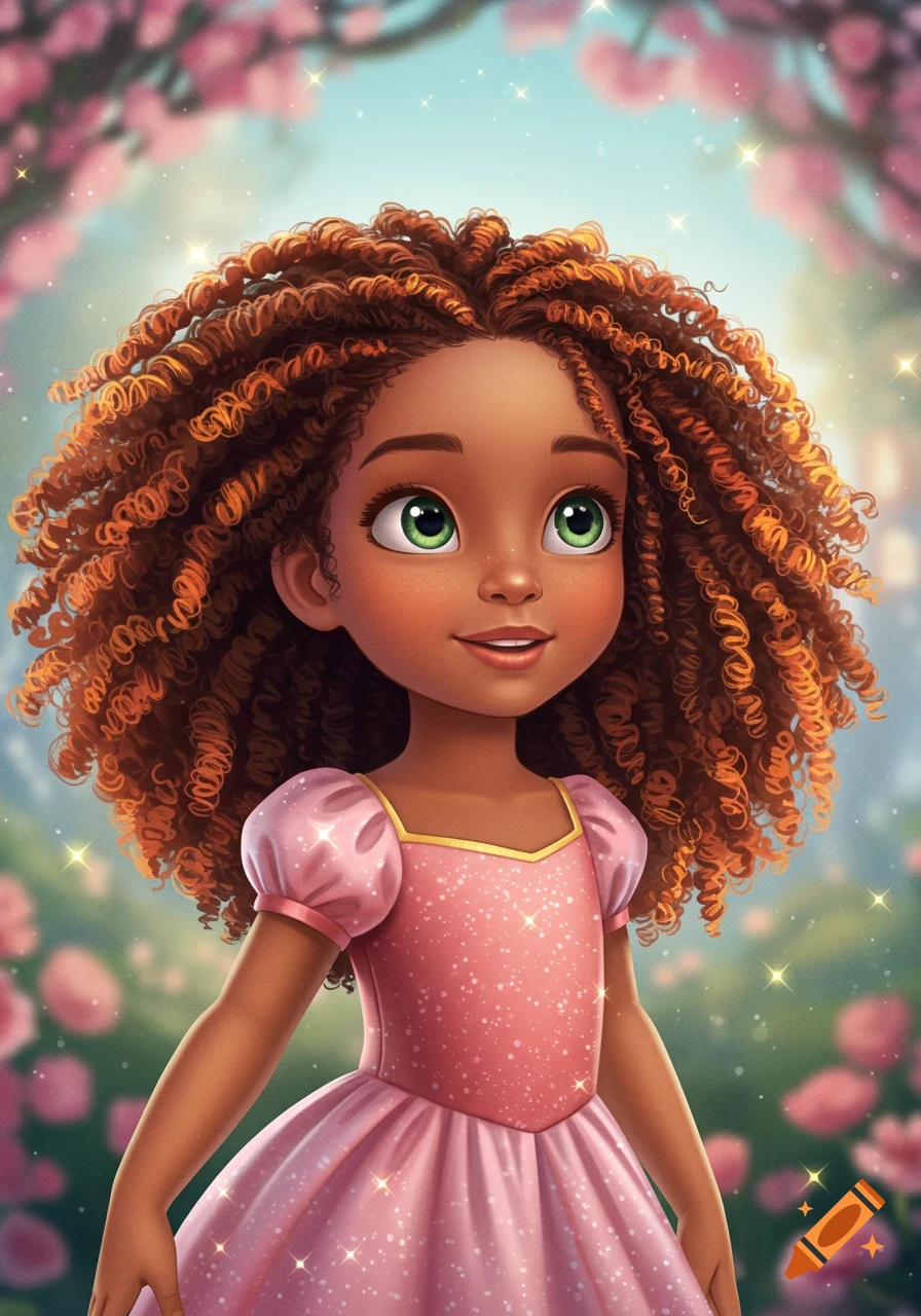 A smiling cartoon girl with brown skin, curly reddish-brown hair, and green eyes, wearing a pink sparkly dress, in a magical garden with pink flowers.