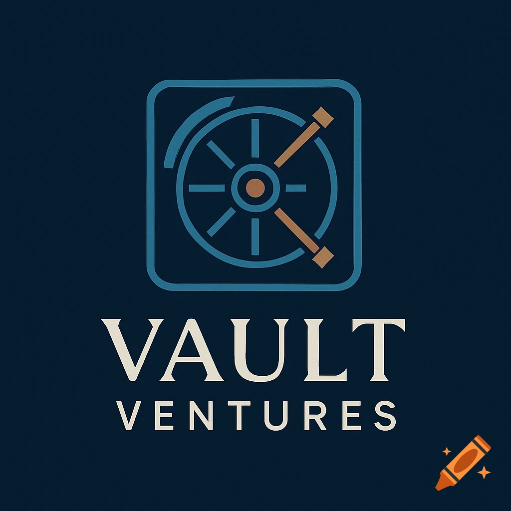 A minimalist logo for Vault Ventures, featuring a blue vault door icon and white text on a dark blue background.