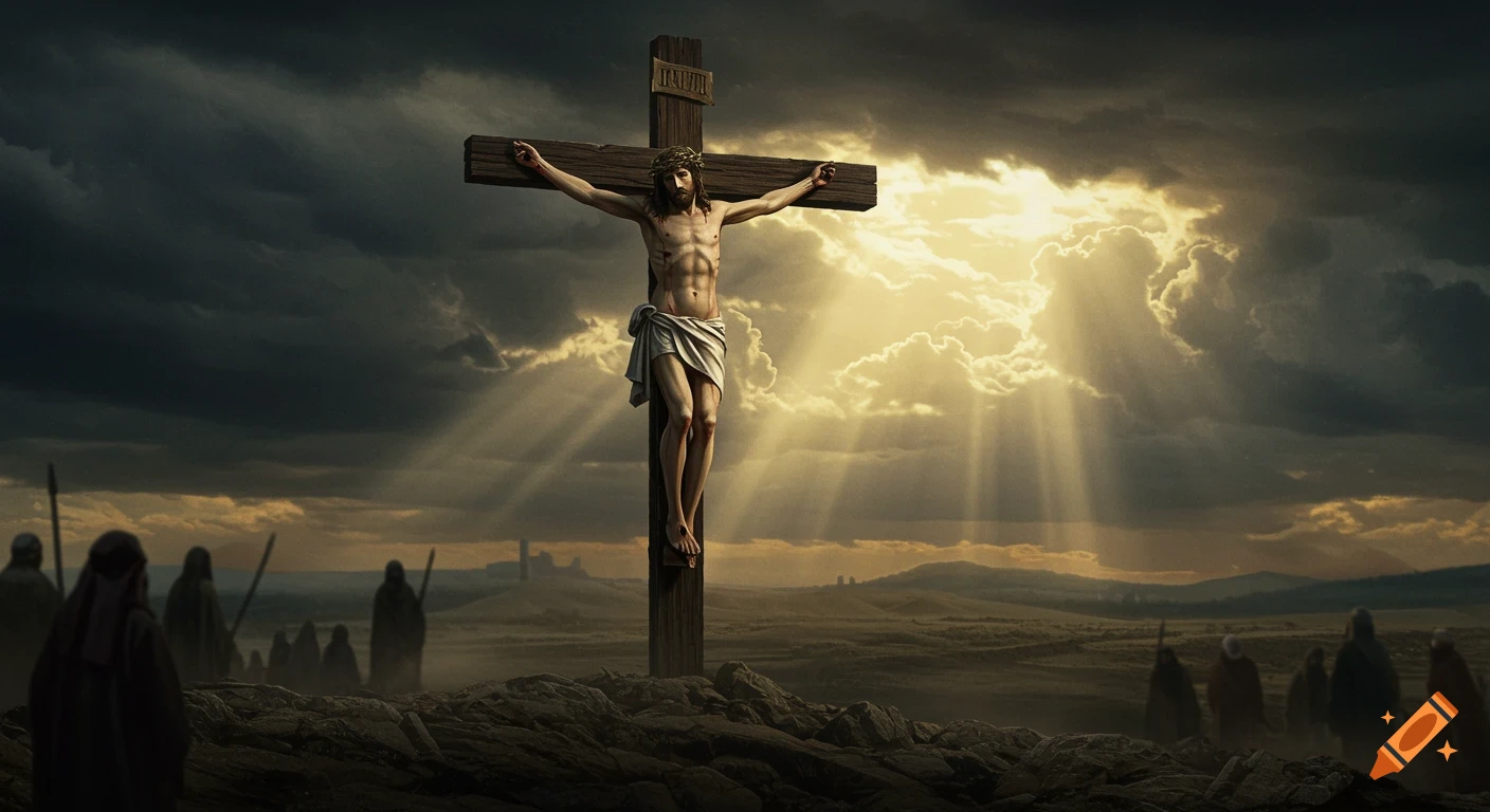 Photorealistic depiction of Jesus on the cross under dramatic sunlit clouds with shadowy figures below.