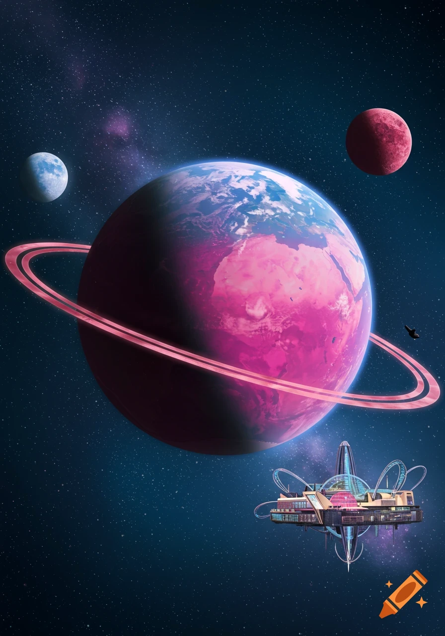 A large pink and blue planet with rose gold rings, two moons, and a futuristic floating mall in deep space.